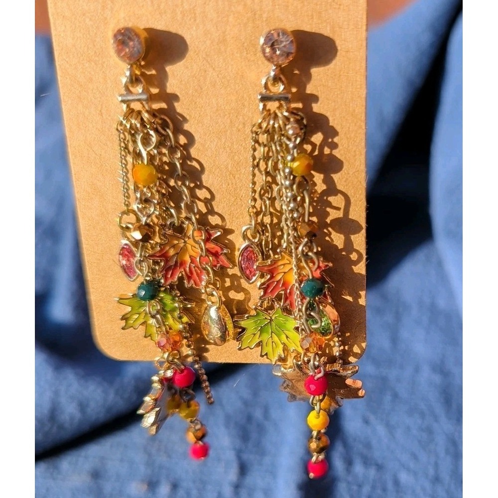 Autumn Fall Maple Leaf Golden Stud Drop Chandelier Earrings Orange‎ Yellow 2+" - Picture 3 of 5